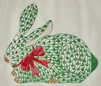 Herend Style Standing Fishnet Green Bunny Crouching w/Red Bow