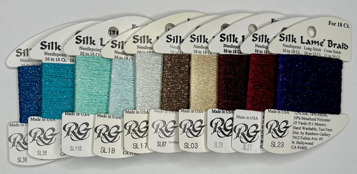 10 cards of Silk Lame Braid 18ct Needlepoint Destashing