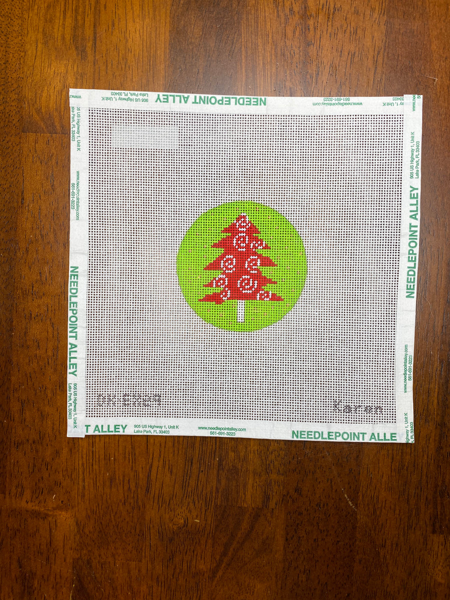 Red Swirly Tree on Green Needlepoint Destashing