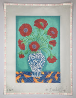Red Poppies in Blue/White Vase