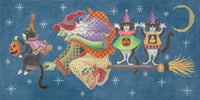 Witch on Broom with 3 Cats