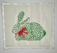 Herend Style Standing Fishnet Green Bunny Crouching w/Red Bow
