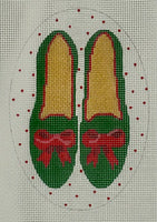 Green Velvet Shoes with Red Bows
