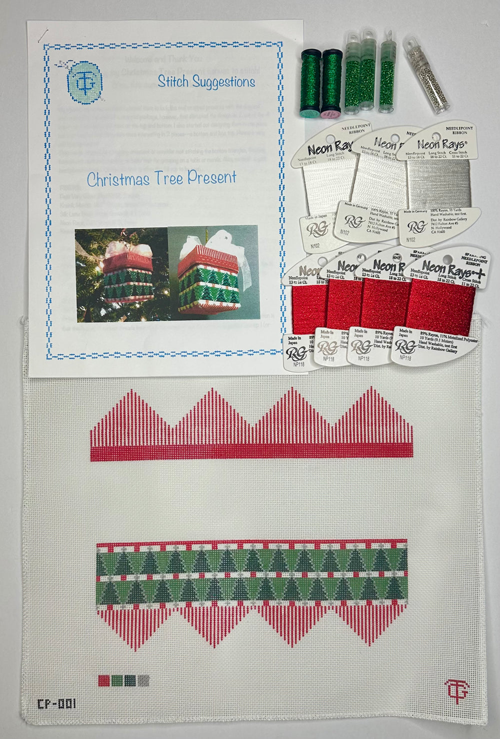 Christmas Tree Present with stitch suggestions and threads