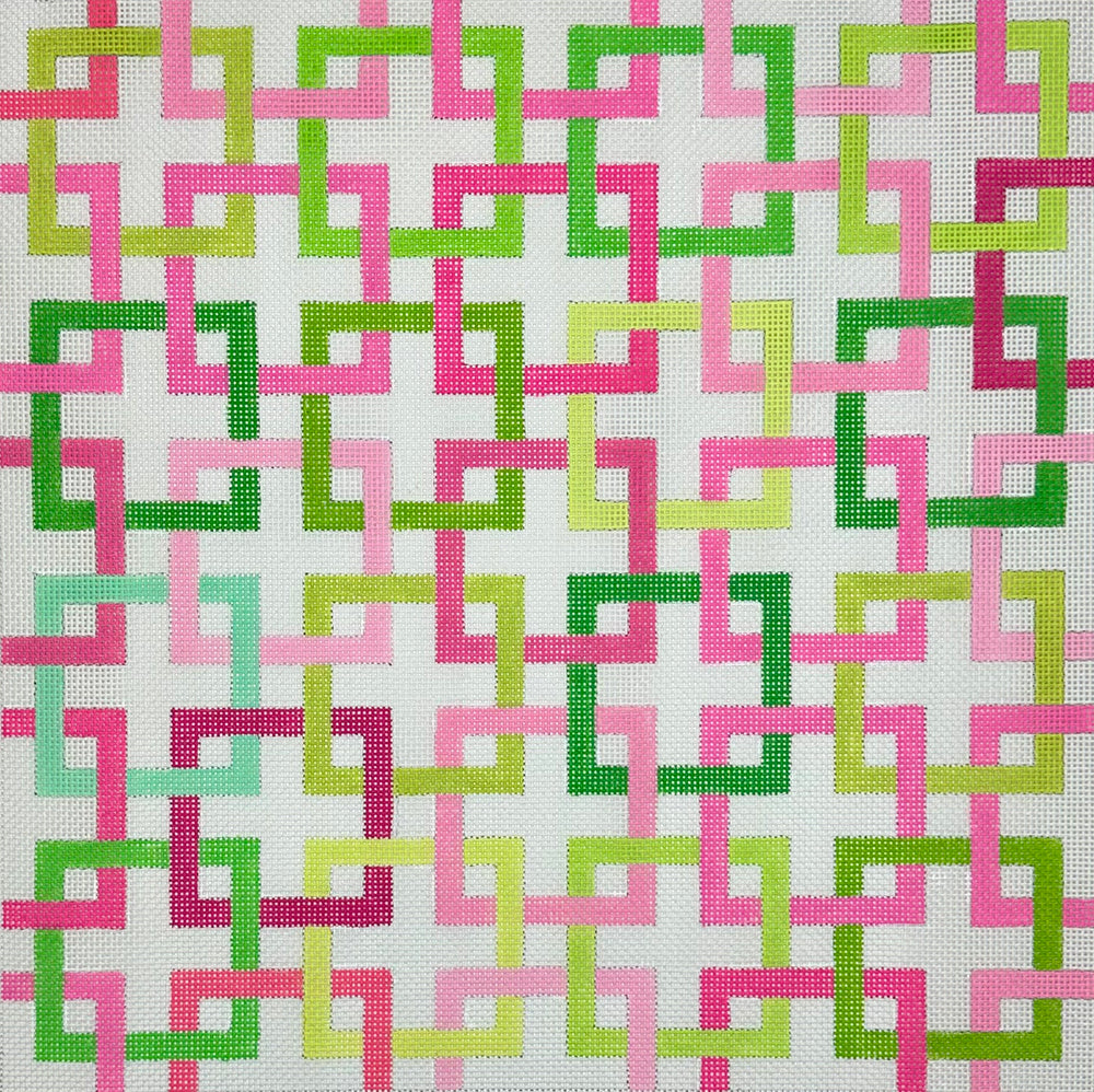 Interlocking Squares Pinks & Greens on White