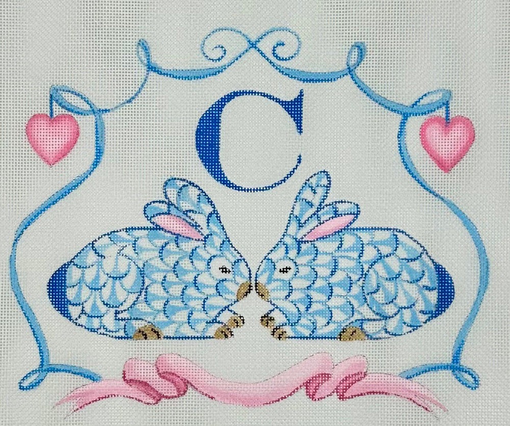 Fishnet Crouching Bunnies w/Hearts & Ribbon