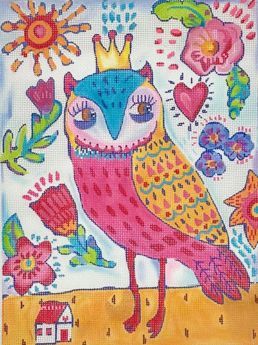 Spunky Owl w/Crown and Flowers