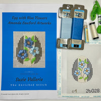 Blue Flowers Egg with stitch guide and threads