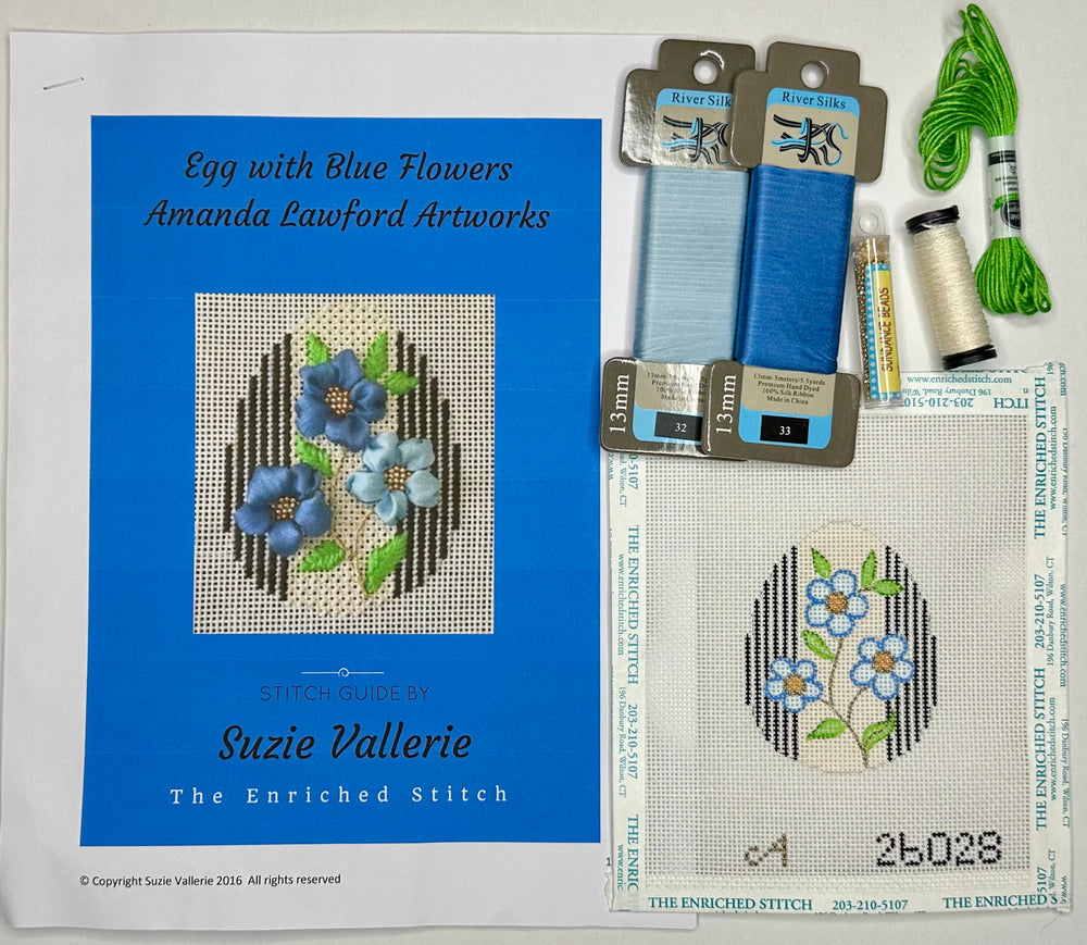 Blue Flowers Egg with stitch guide and threads