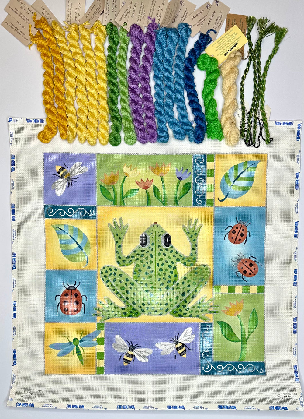 Frog/Flowers/Bugs Patchwork with threads | Needlepoint Destashing