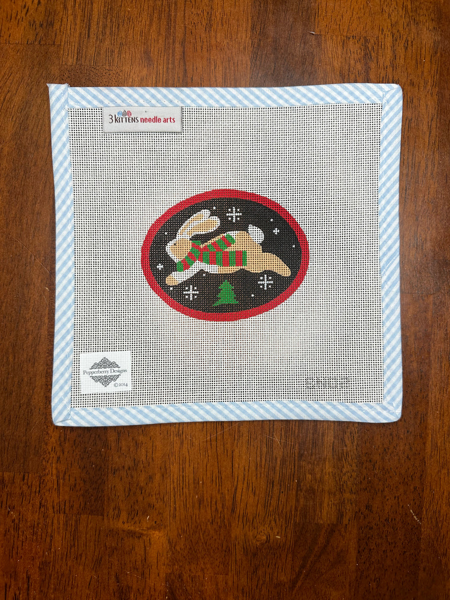 Jumping Bunny Tree Ornament on Black Needlepoint Destashing