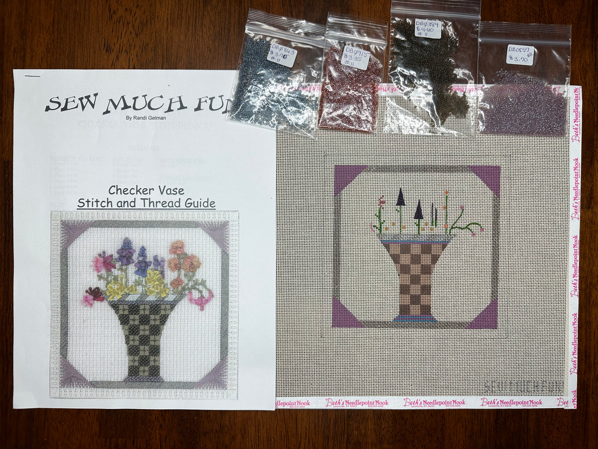 Checker Vase with stitch guide and beads Needlepoint Destashing