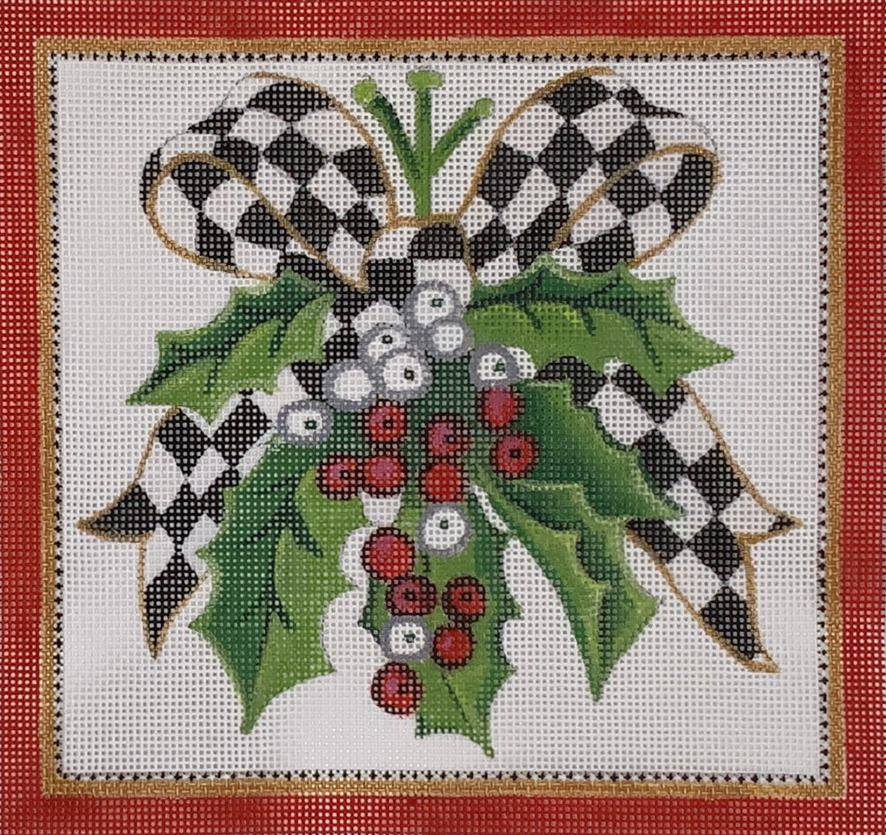 Hollies and Berries Bow - Black & White Check