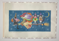 Witch on Broom with 3 Cats
